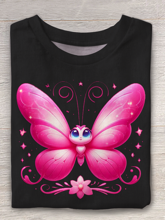 Cute Cartoon Butterfly Print Crew Neck T-shirt