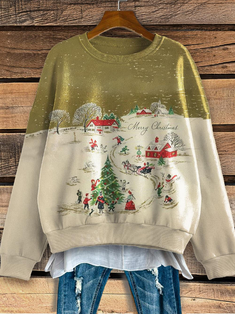 Women's Christmas Town Snow Scene Retro Print Long Sleeve Top