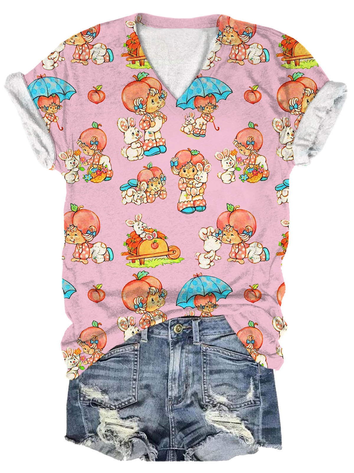 Vintage Girl Rabbit Peach Pastoral Childlike Print Casual T-shirt