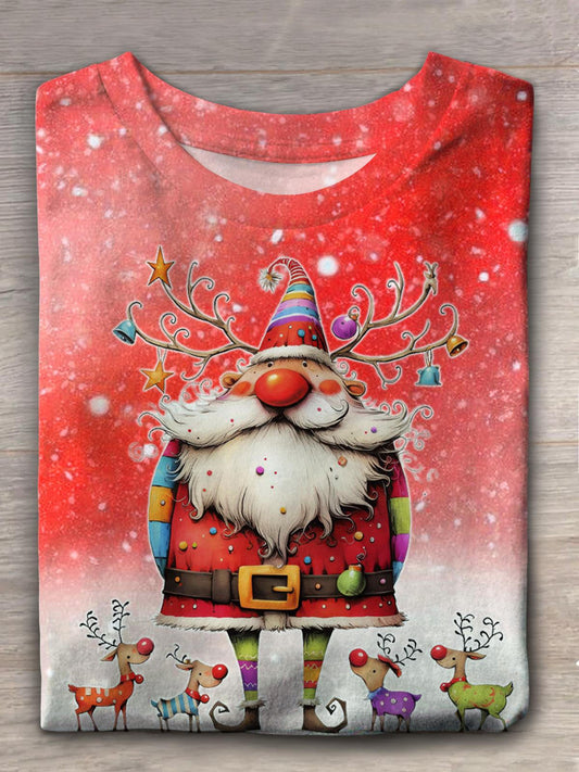 Funny Santa Claus And Deer Crew Neck T-shirt