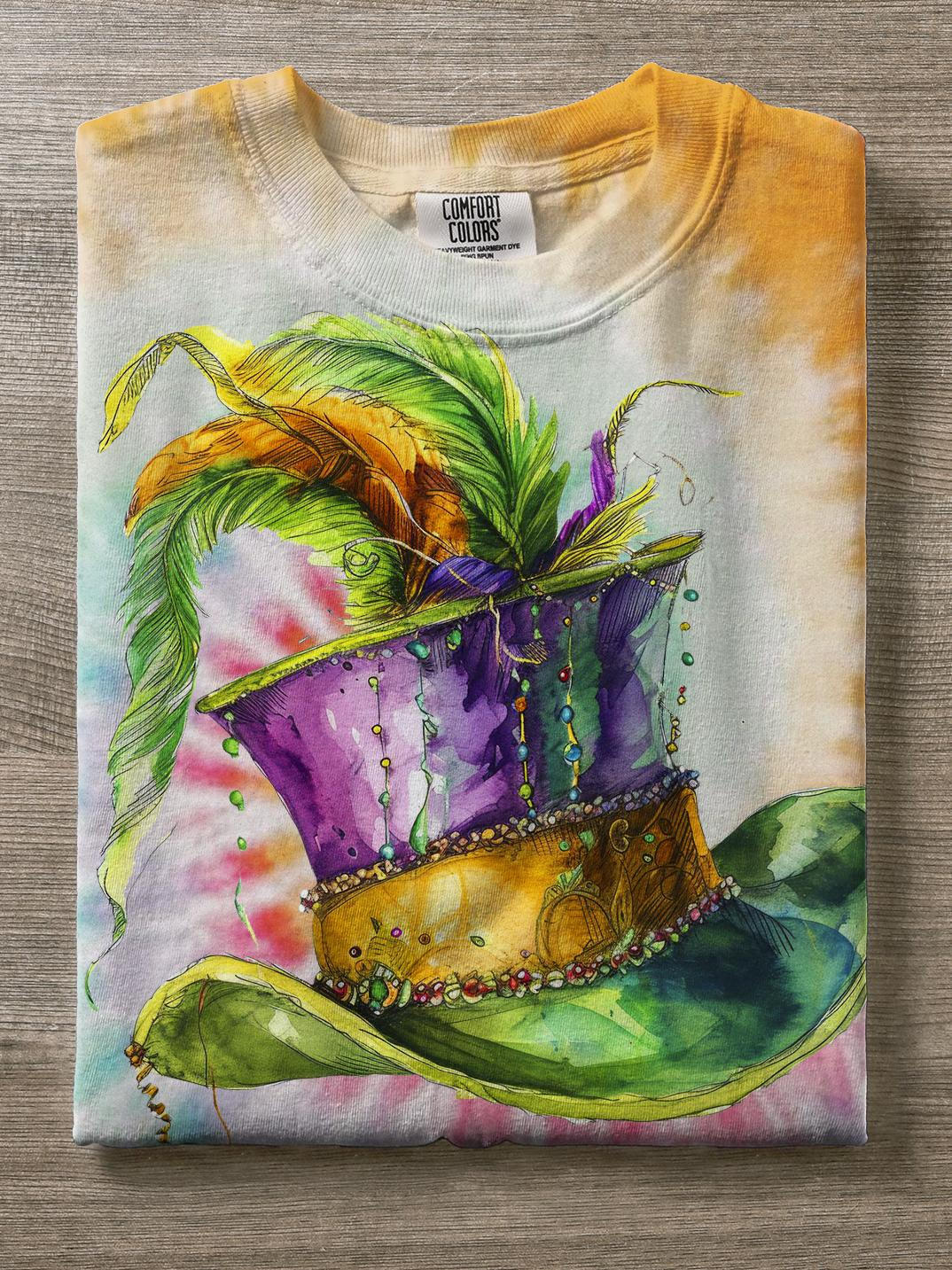 Mardi Gras Festival Hat Feather Tie Dye Print T-Shirt