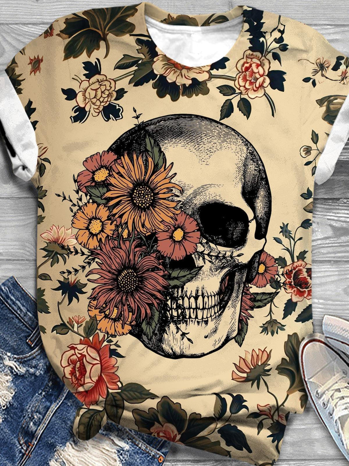 Dark Retro Floral Crew Neck T-shirt