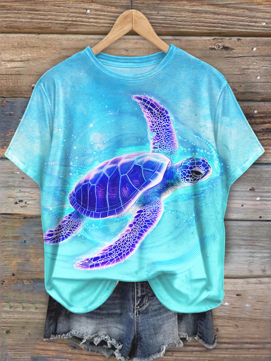Gradient Ocean Turtle Art Crew Neck T-shirt