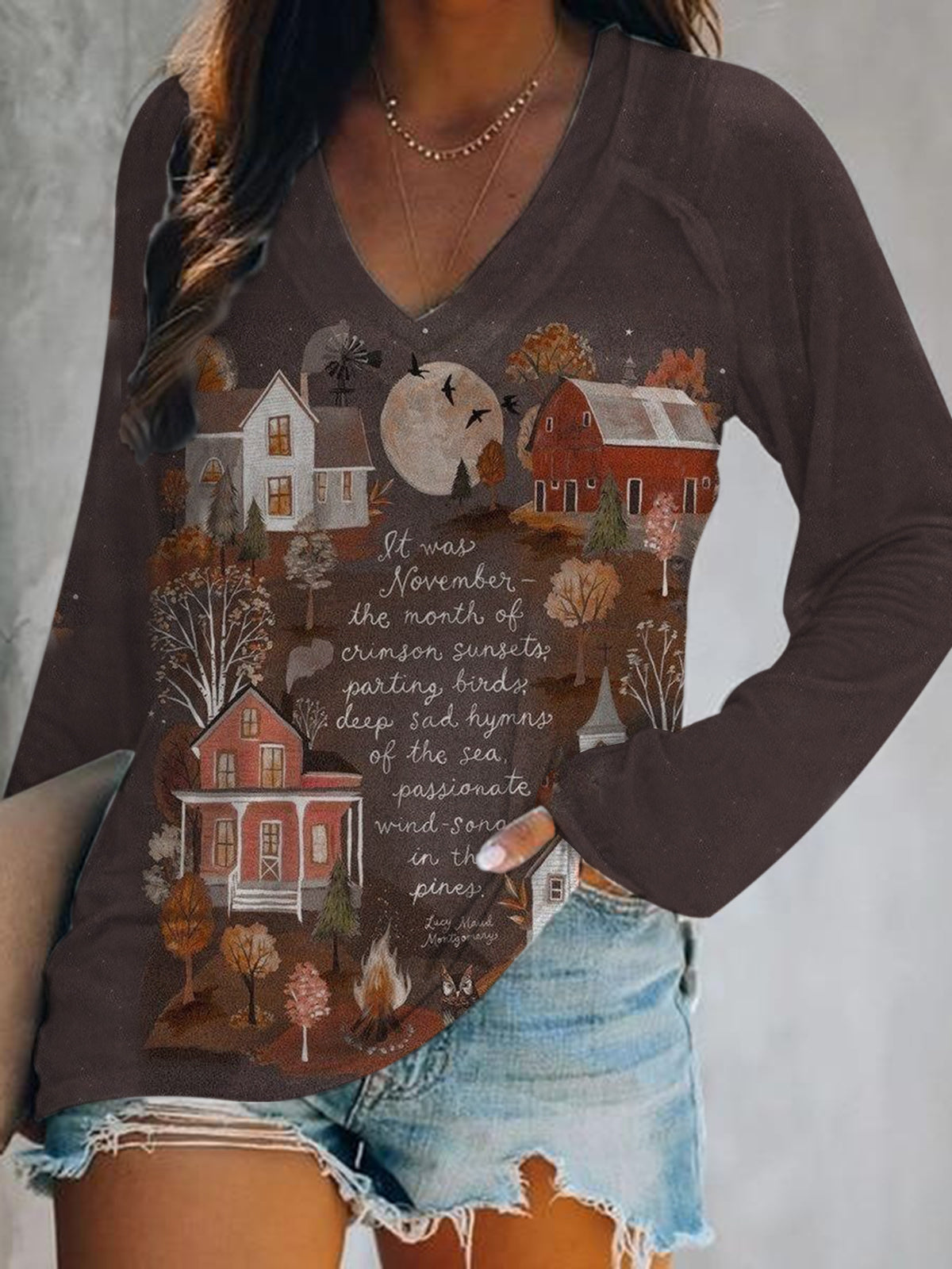 Fall Print V-Neck Long Sleeve Top