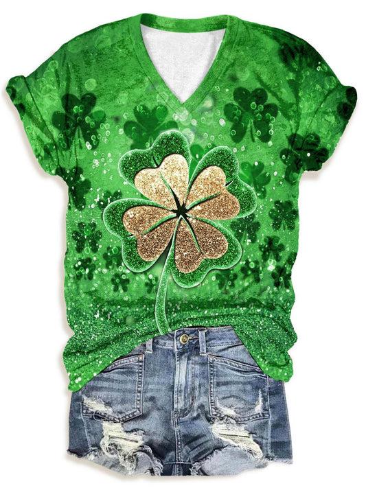 St. Patrick's Day Four Leaf Clover V Neck T-shirt