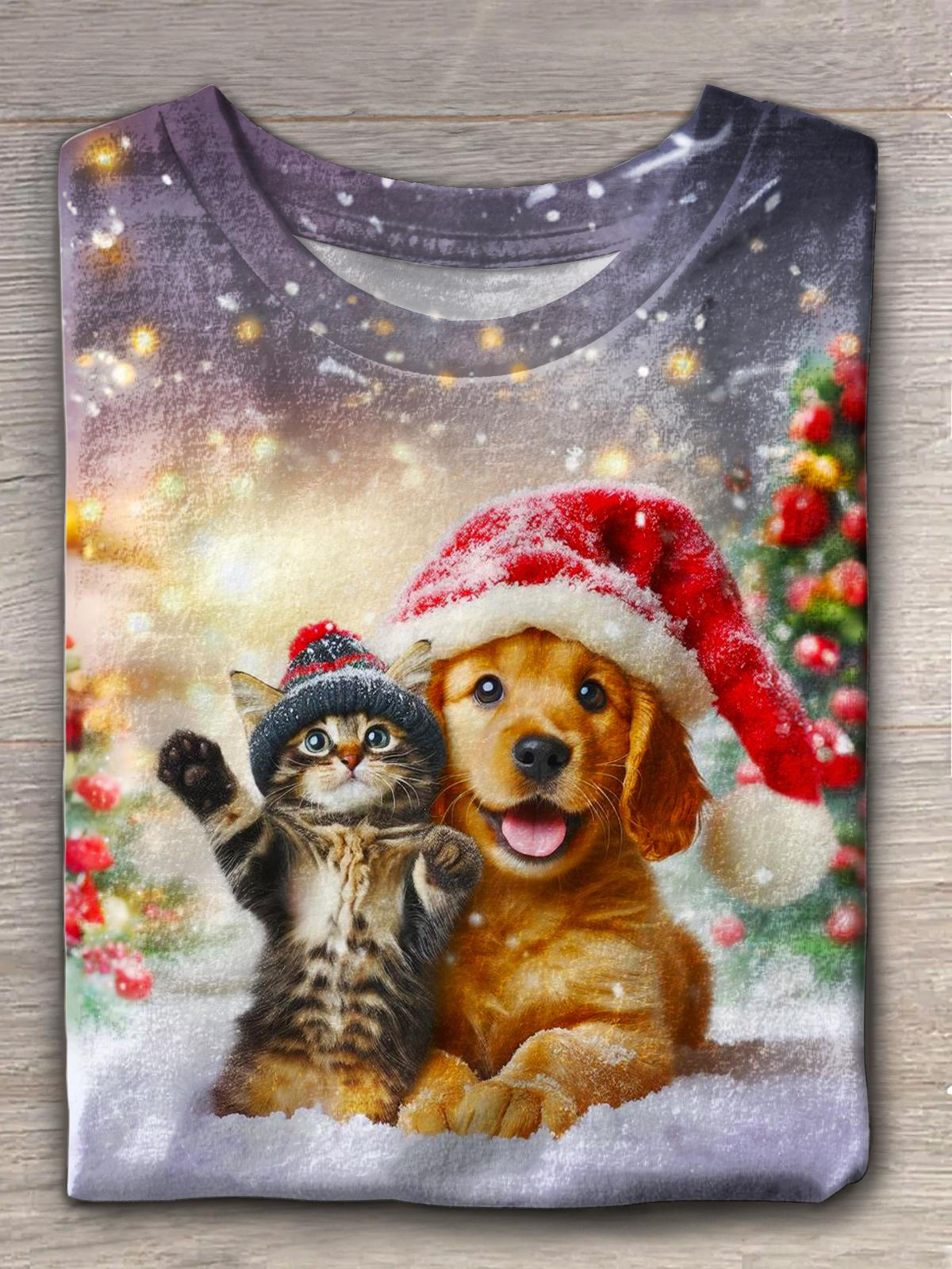 Women's Christmas Cat And Dog Print Crew Neck T-shirt