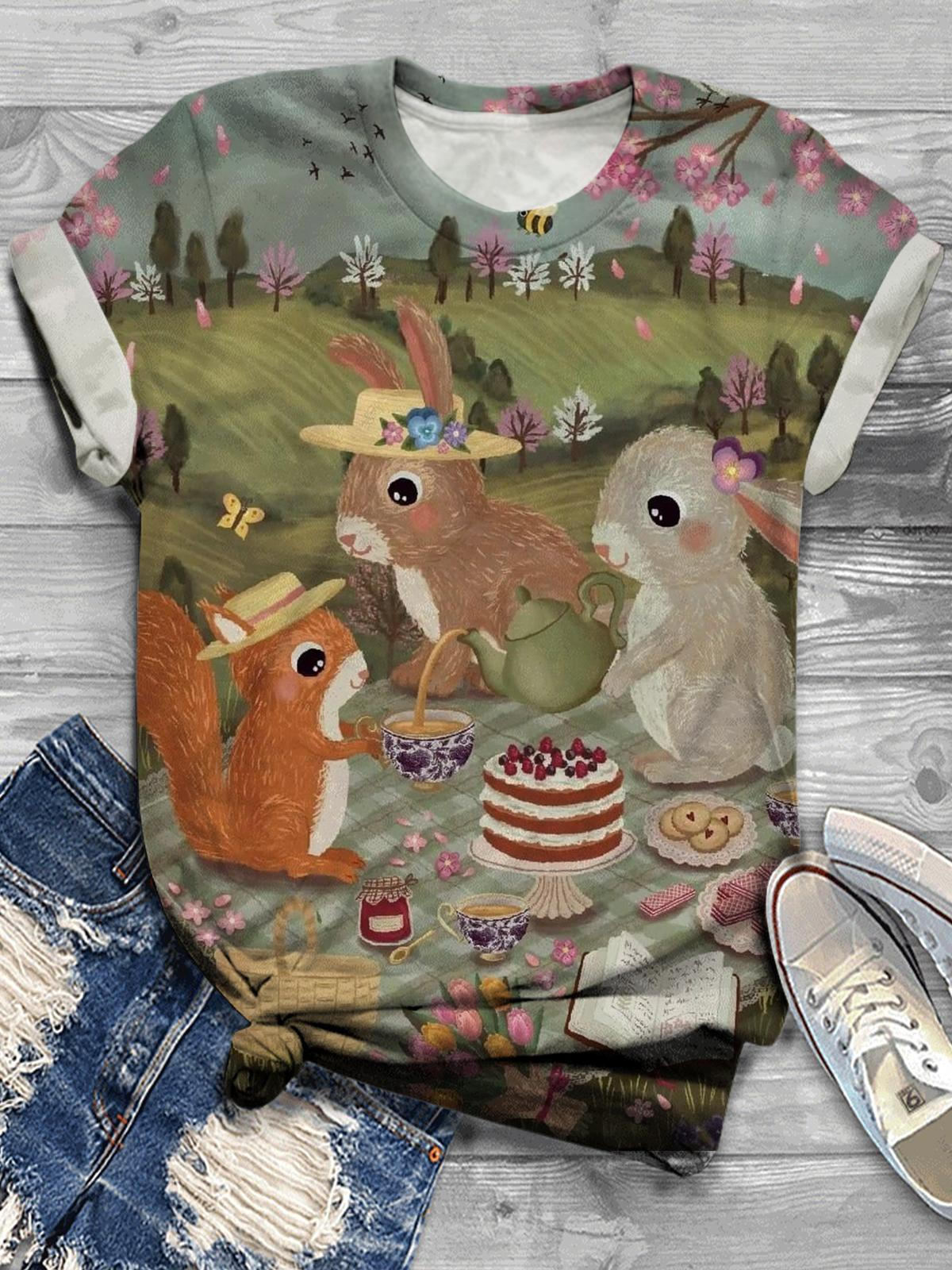 Women's Cute Bunny Picnic Retro Print Round Neck Casual Top