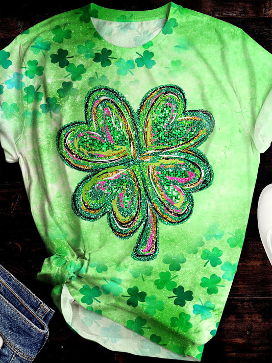 St. Patrick's Day Four Leaf Clover Sequin Print Crew Neck T-shirt