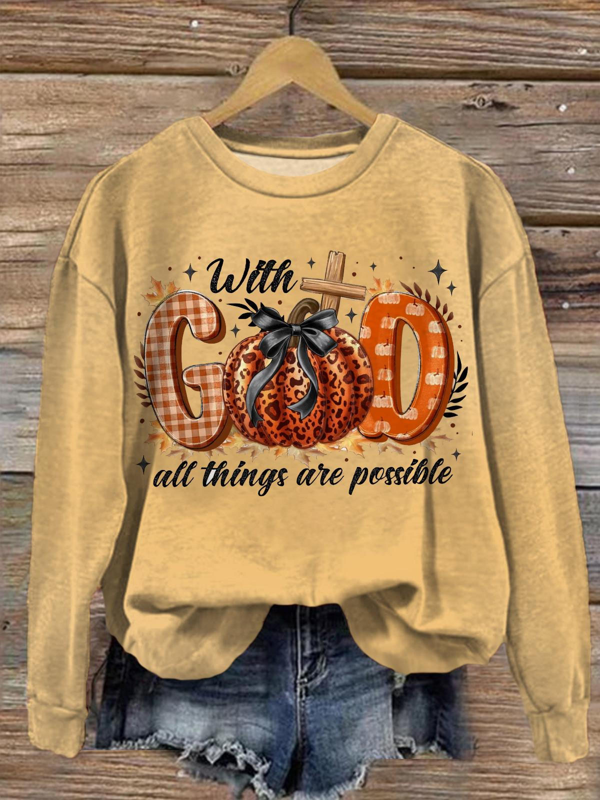 Women's Halloween With God All Things Are Possible Round Neck Long Sleeve Top