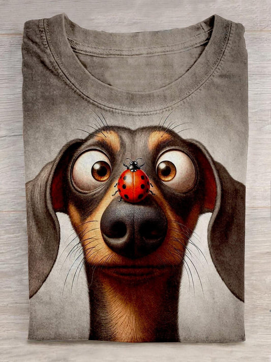 Funny Dachshund And Ladybird Printed Crew Neck T-shirt