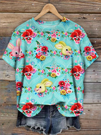 Vintage Floral Rabbit Print Casual Top