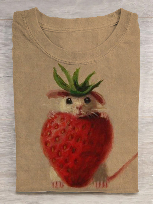 Vintage Valentine's Day Possum Strawberry Print Casual T-Shirt