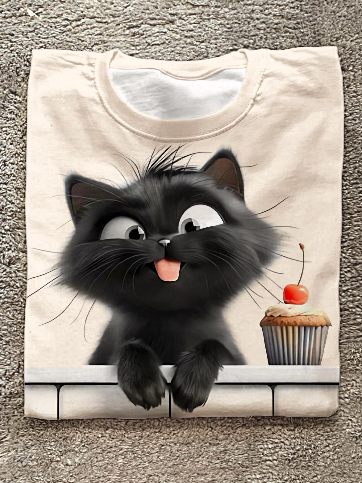 Women's Cute Kitten Cake Print Crew Neck T-shirt