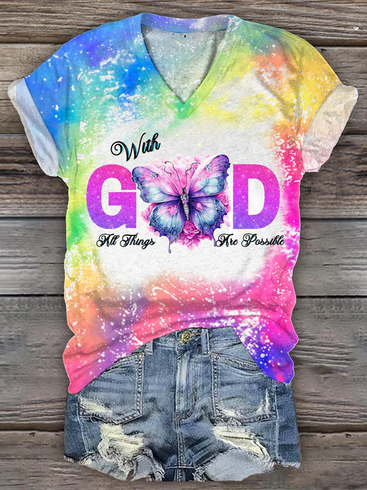 Women's God Tie Dye Christian V-Neck T-Shirt