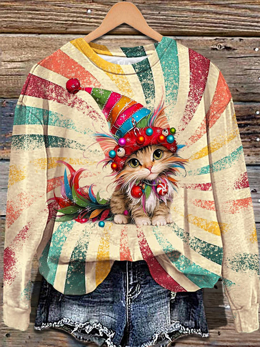 Women's Christmas Clown Cat Printed Long Sleeve Casual Top