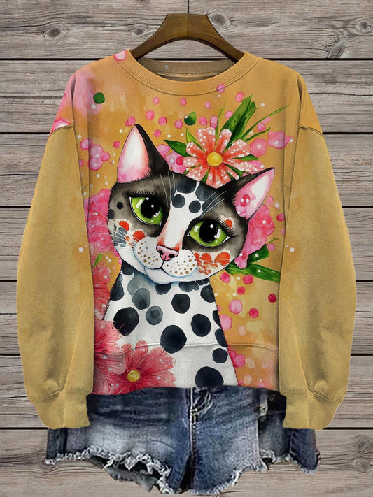 Cute Polka Dot Cat Flowers Printed Long Sleeve Casual Top