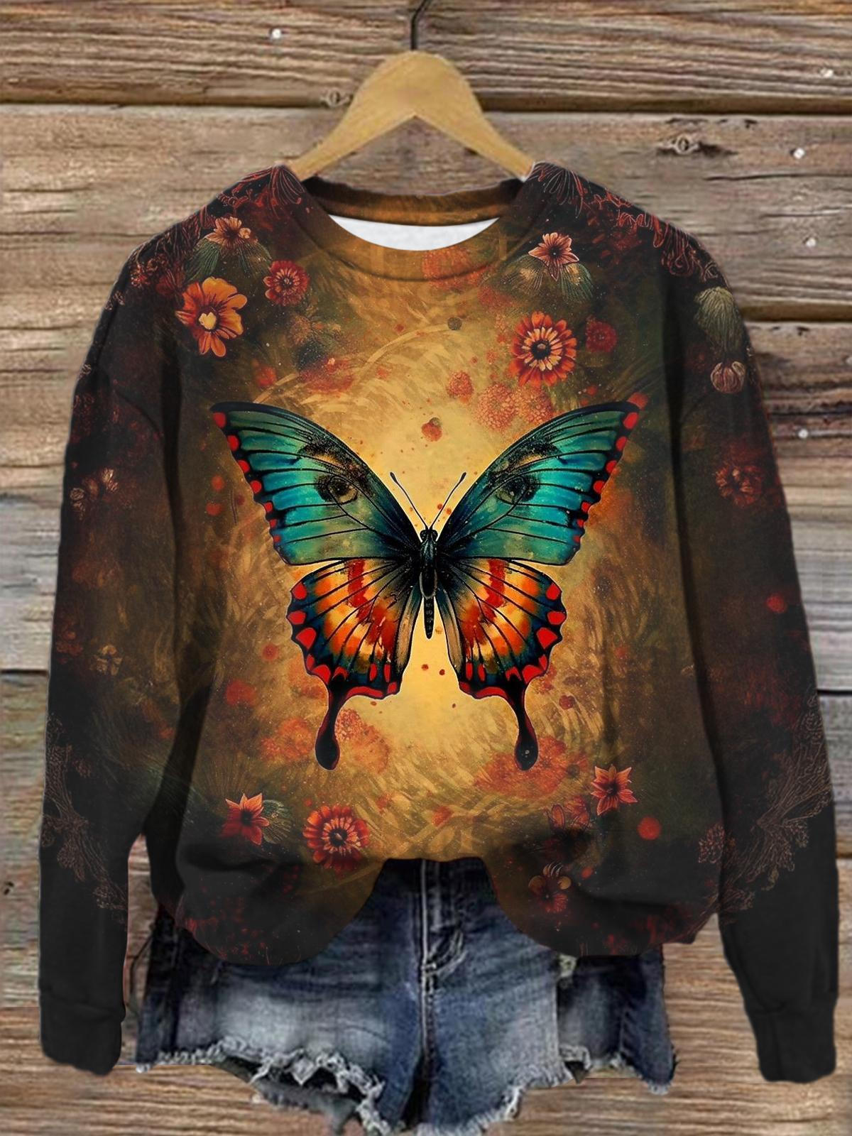 Retro Butterfly Printed Long Sleeve Casual Top