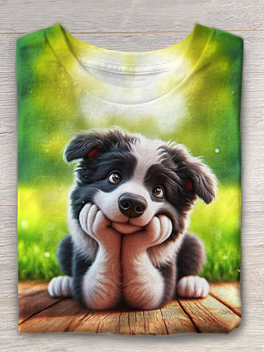 Cute Lawn Puppy Print Crew Neck T-shirt