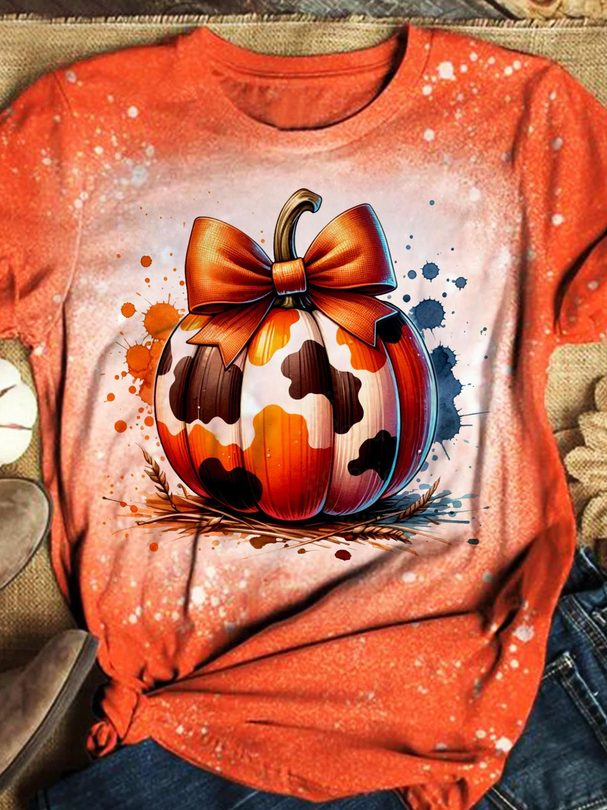 Pumpkin Cow Printed Crew Neck T-shirt