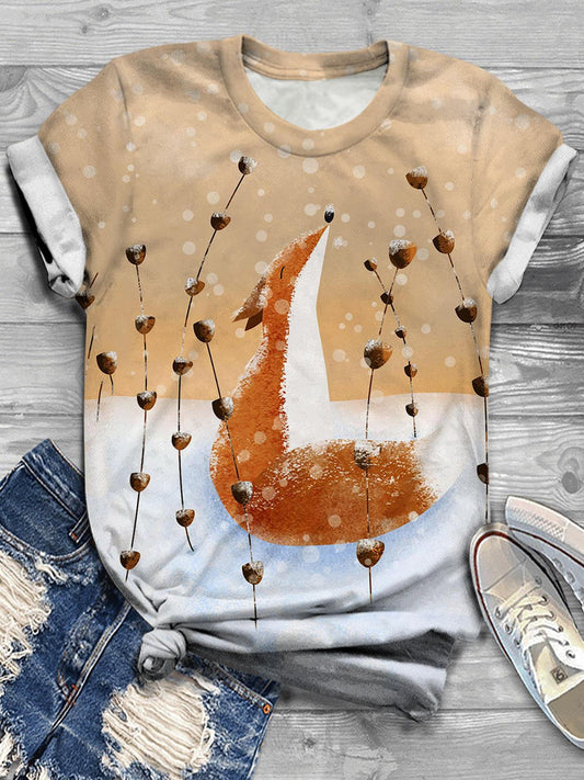 Women's Winter Cute Fox Snow Scene Floral Print Casual T-shirt