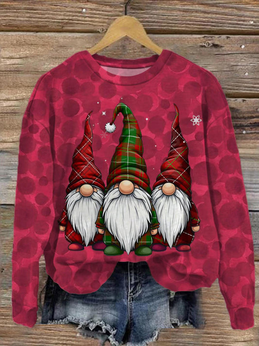 Christmas Gnome With Tricolor Hat Printed Long Sleeve Casual Top