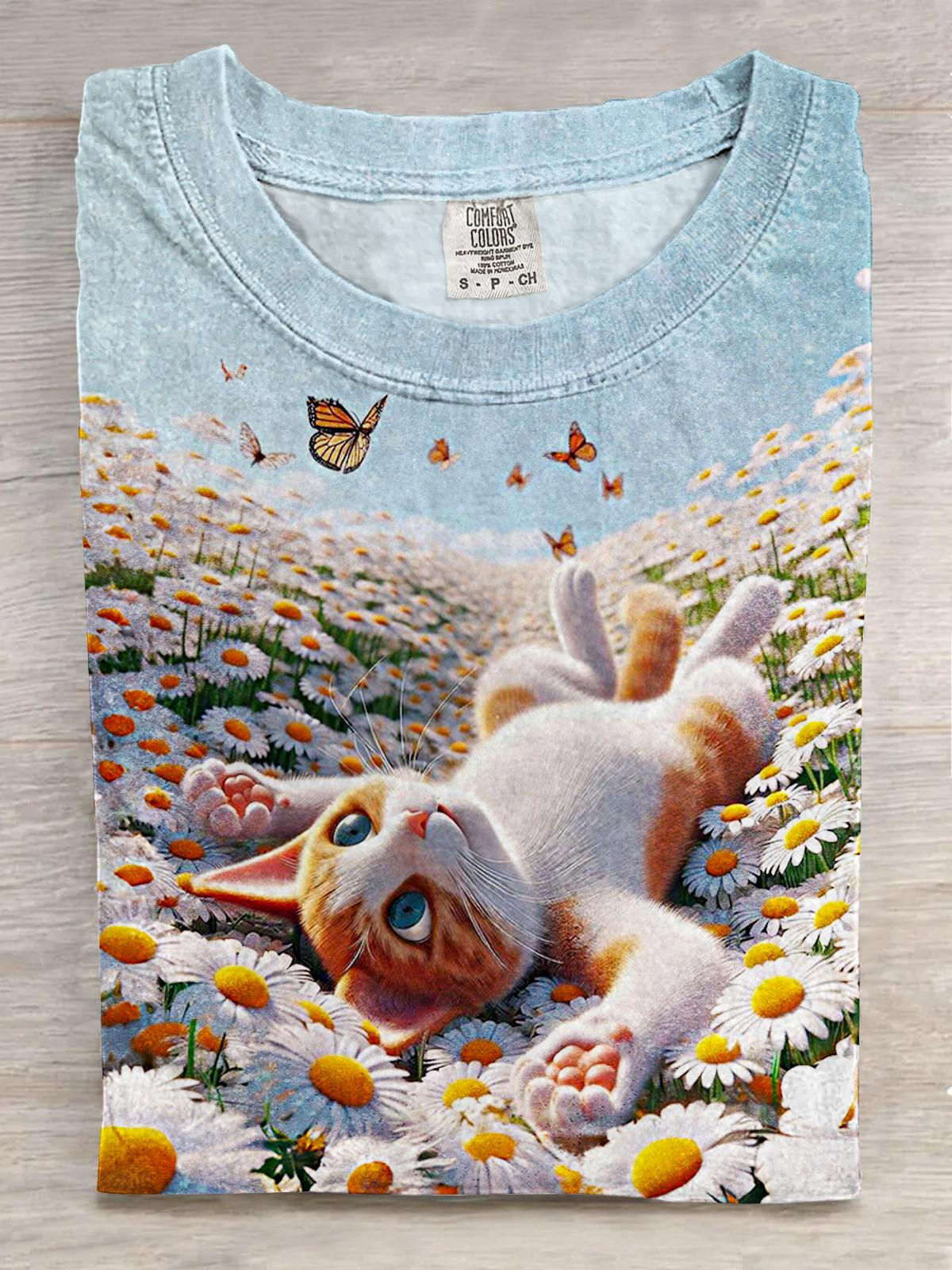 Garden Butterfly Cute Cat Print Crew Neck T-shirt