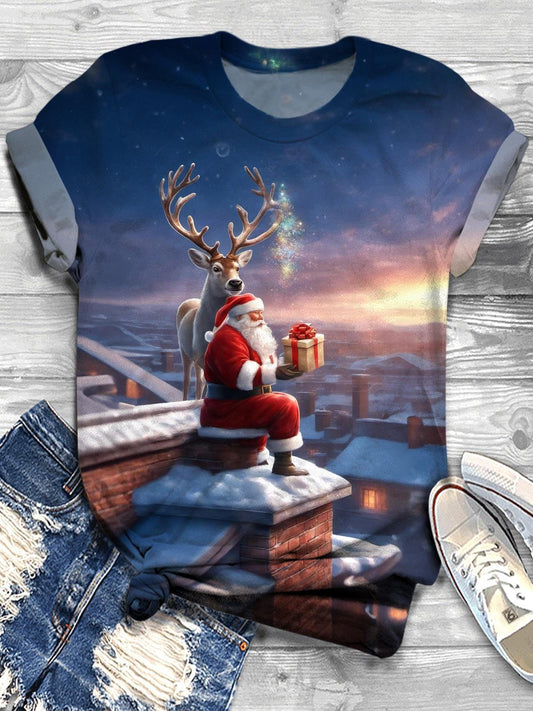Santa Claus Sitting On The Roof Looking At The Christmas Gift Box Crew Neck T-shirt
