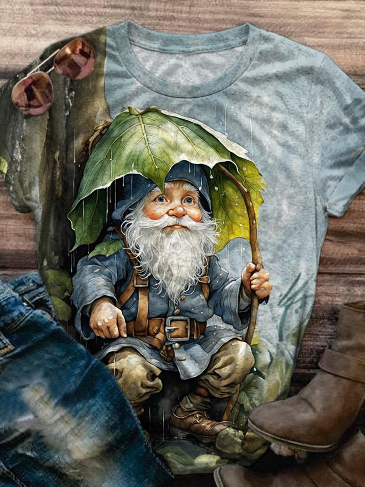 Funny Gnome Print Crew Neck T-shirt