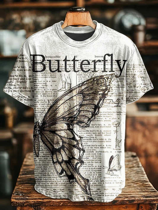 Vintage Newspaper Butterfly Art Crew Neck T-shirt