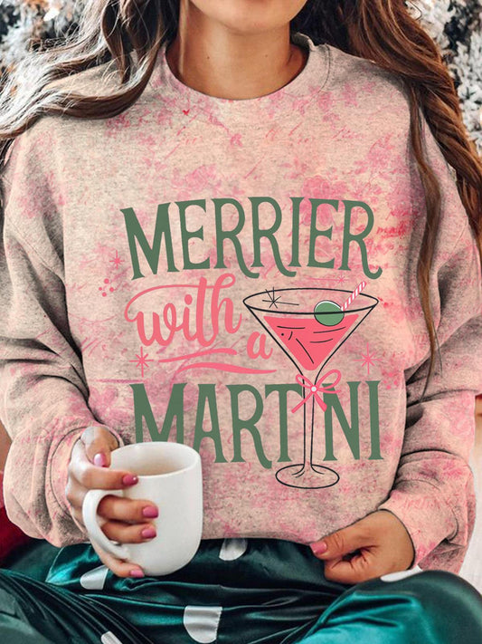 Merrier With A Martini Retro Christmas Printed Long Sleeve Casual Top