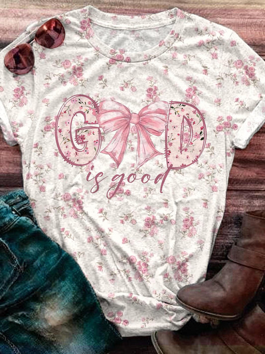 Women's God Christian Flowers Crew Neck T-shirt