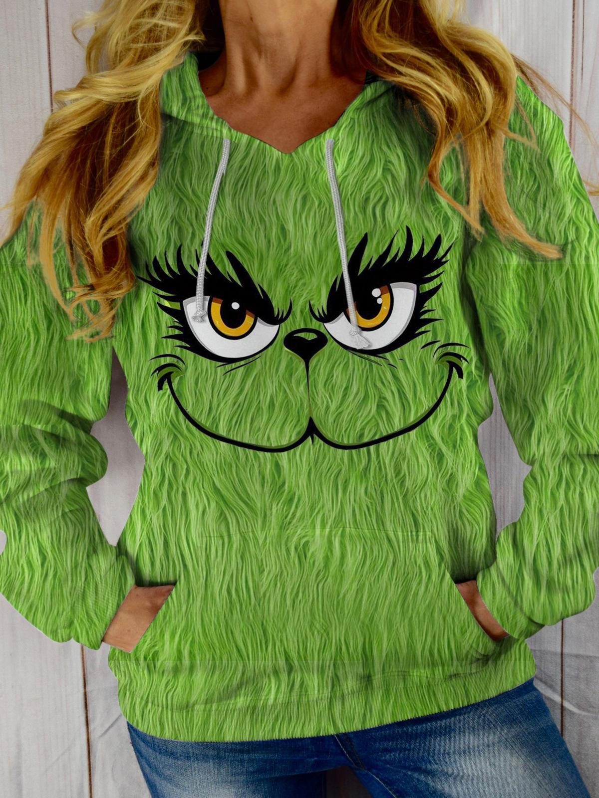 Women's Green Printed Pocket Hooded Sweatshirt