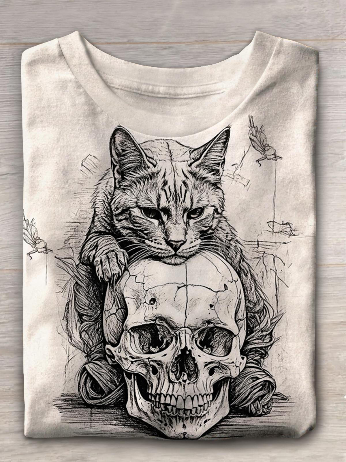 Women's Dark Style Cat Skull Hand Painte Print Casual T-shirt