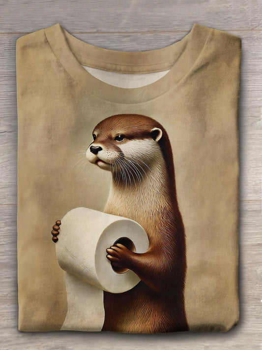 Cute Otter Printed Crew Neck T-shirt