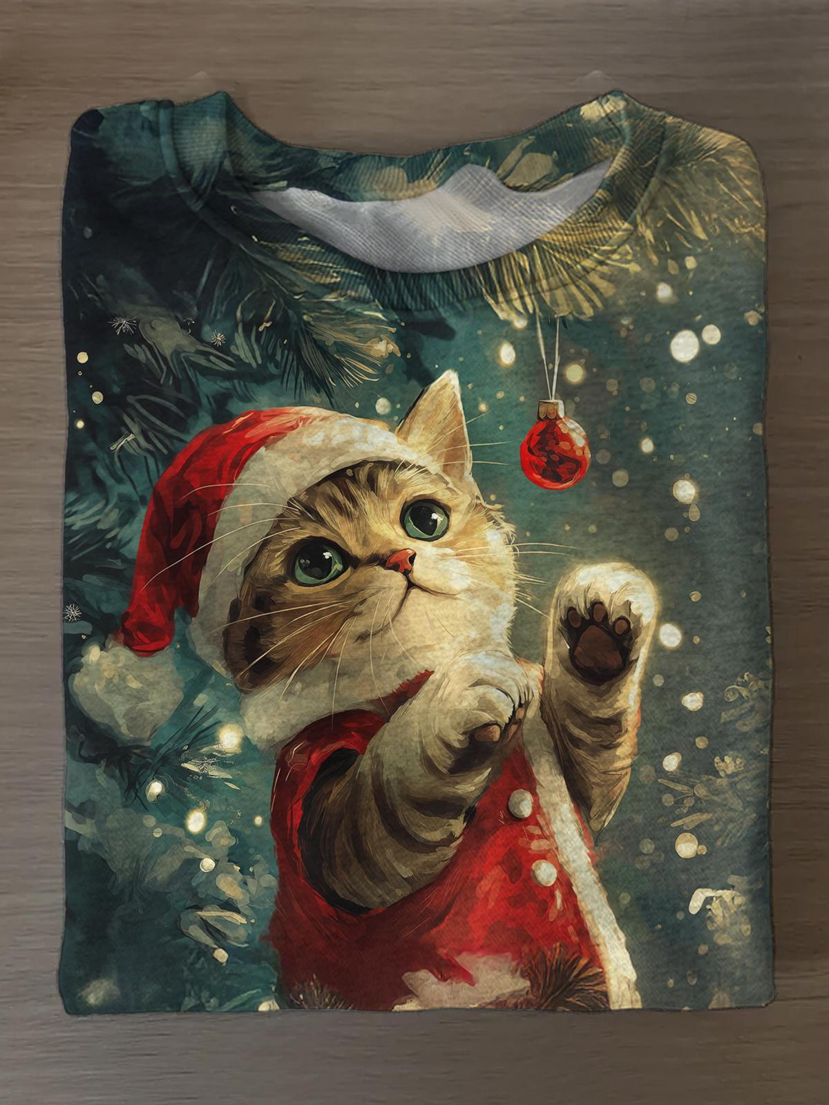 Cute Kitten Wearing Santa Hat Printed Long Sleeve Casual Top