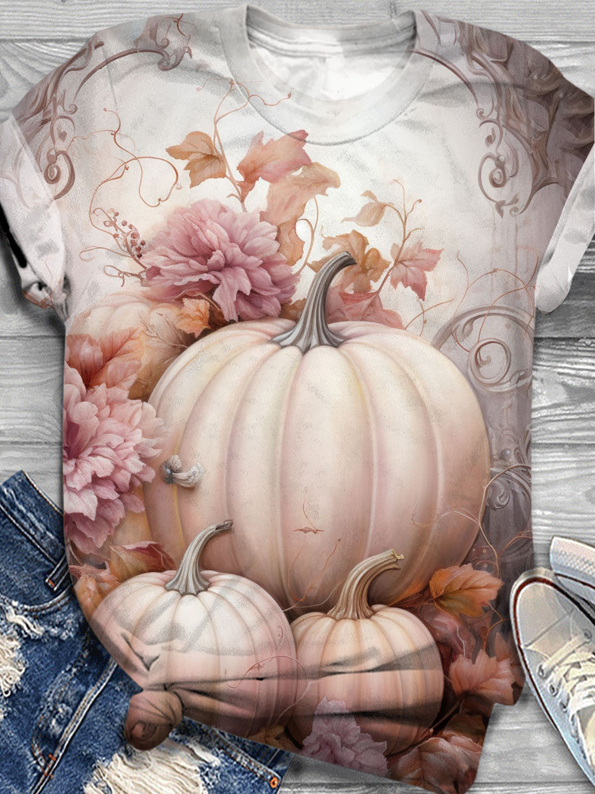 Autumn Pumpkin Floral Crew Neck T-shirt