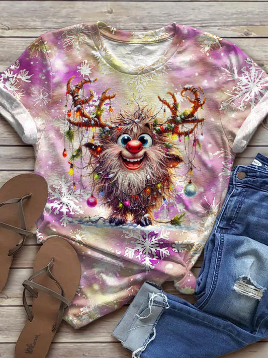 Women's Christmas Tie Dye Scrawl Deer Print Crew Neck T-shirt