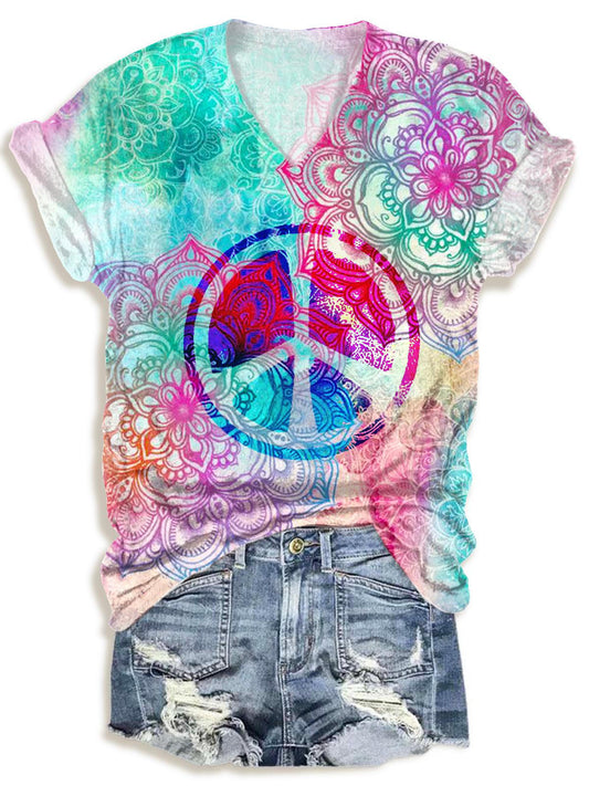Retro Hippie Print V-neck T-Shirt