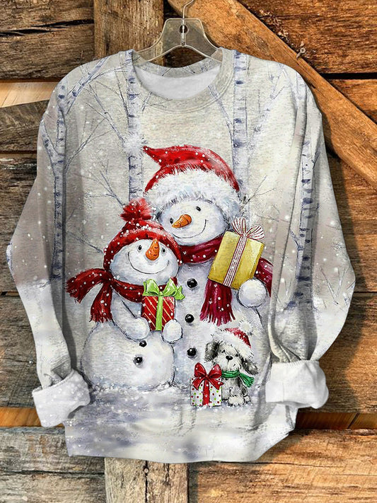 Women's Christmas Snowman Vintage Print Casual Round Neck Long Sleeve Top