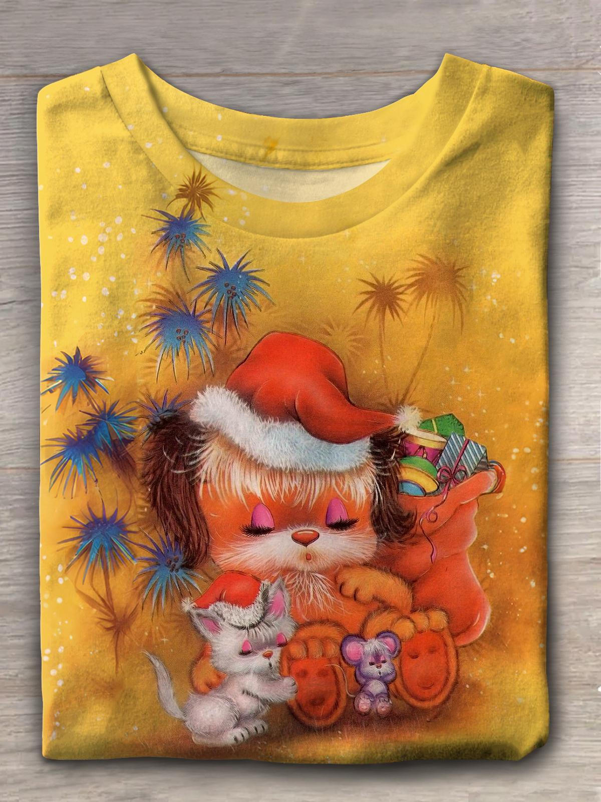 Women's Christmas Puppy Vintage Illustration Crew Neck T-Shirt