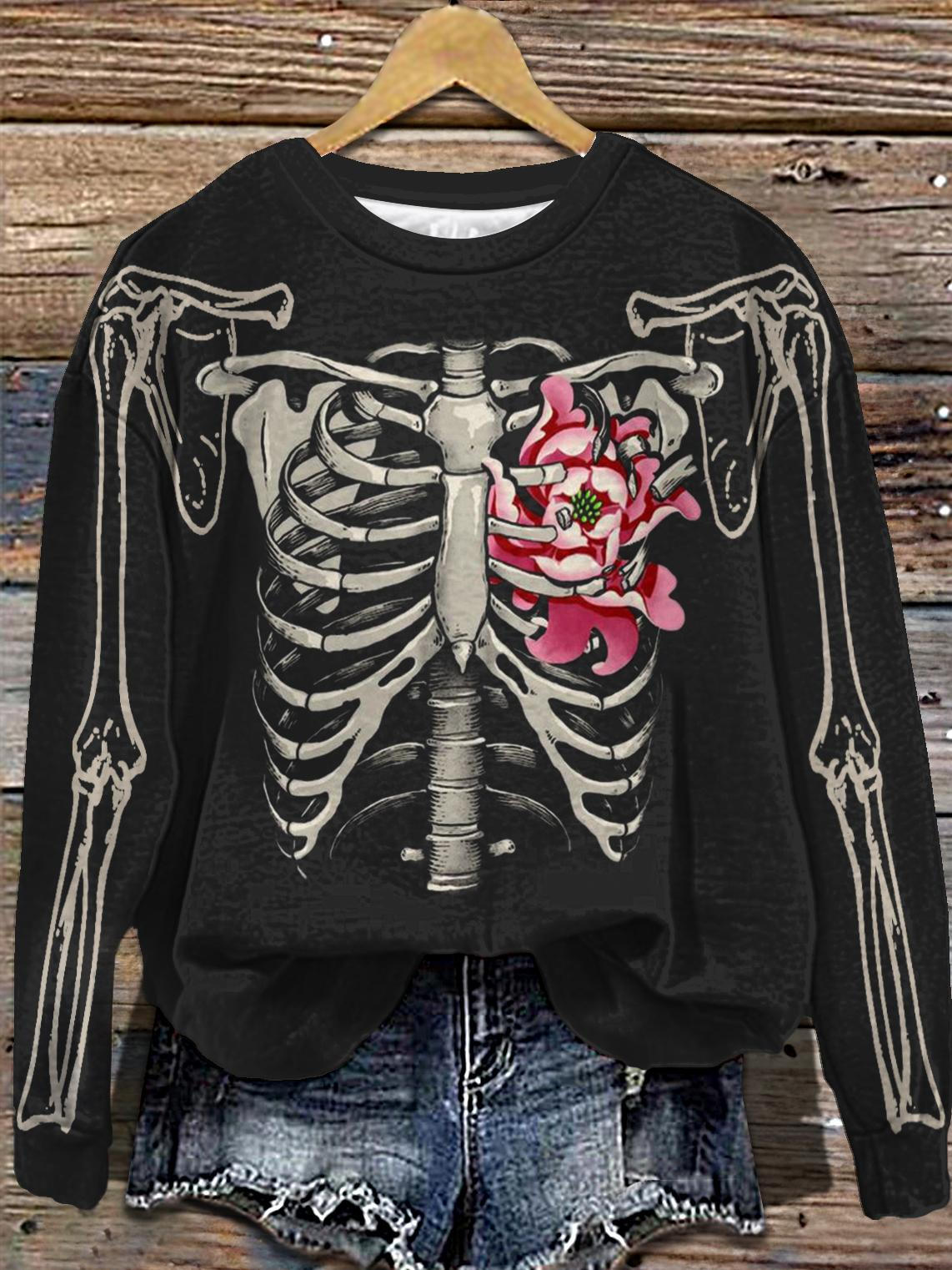 Women's Halloween Skeleton Round Neck Long Sleeve Top