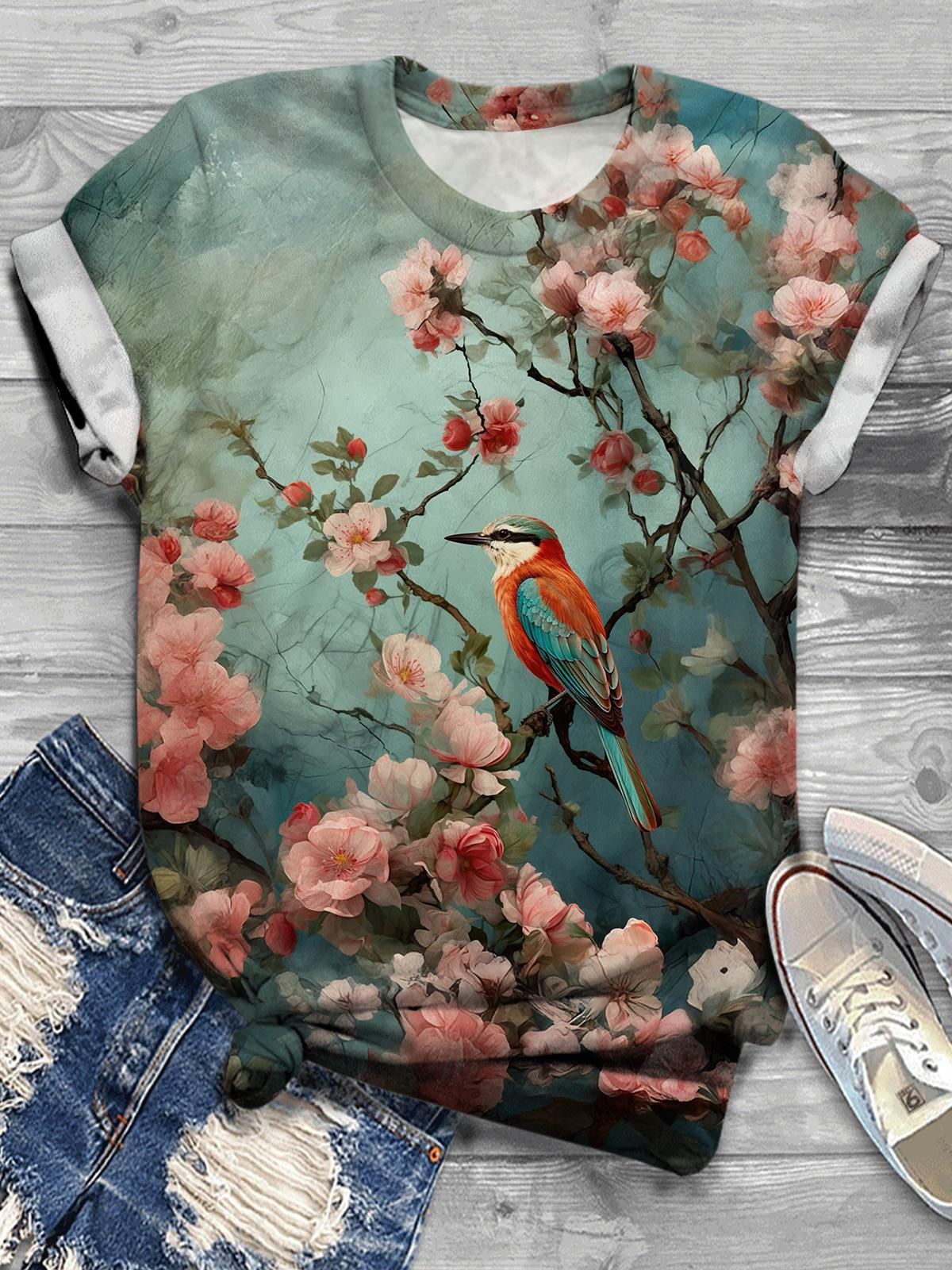 Women's Romantic Cute Floral Bird Retro Print Casual T-shirt