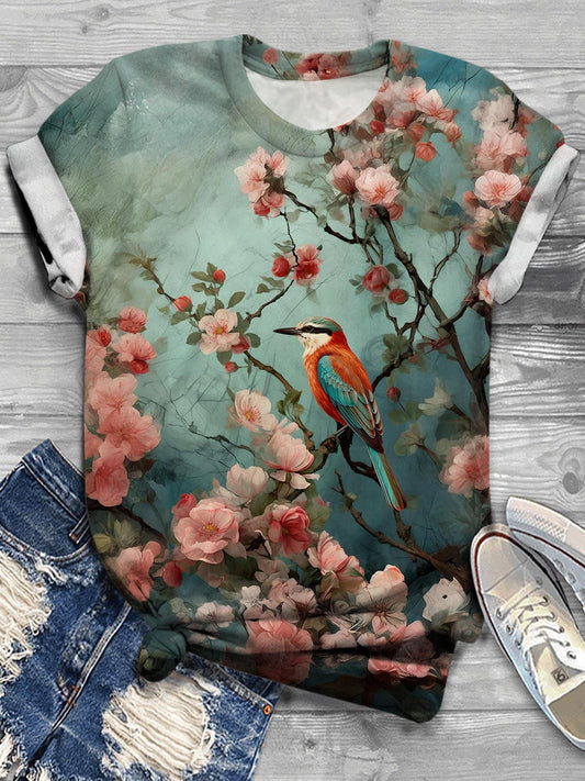 Women's Romantic Cute Floral Bird Retro Print Casual T-shirt