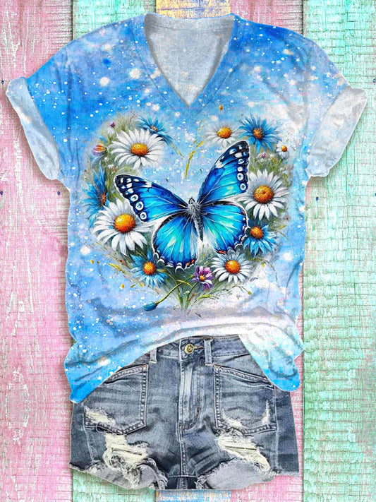 Flower Heart Butterfly Print V-neck T-Shirt