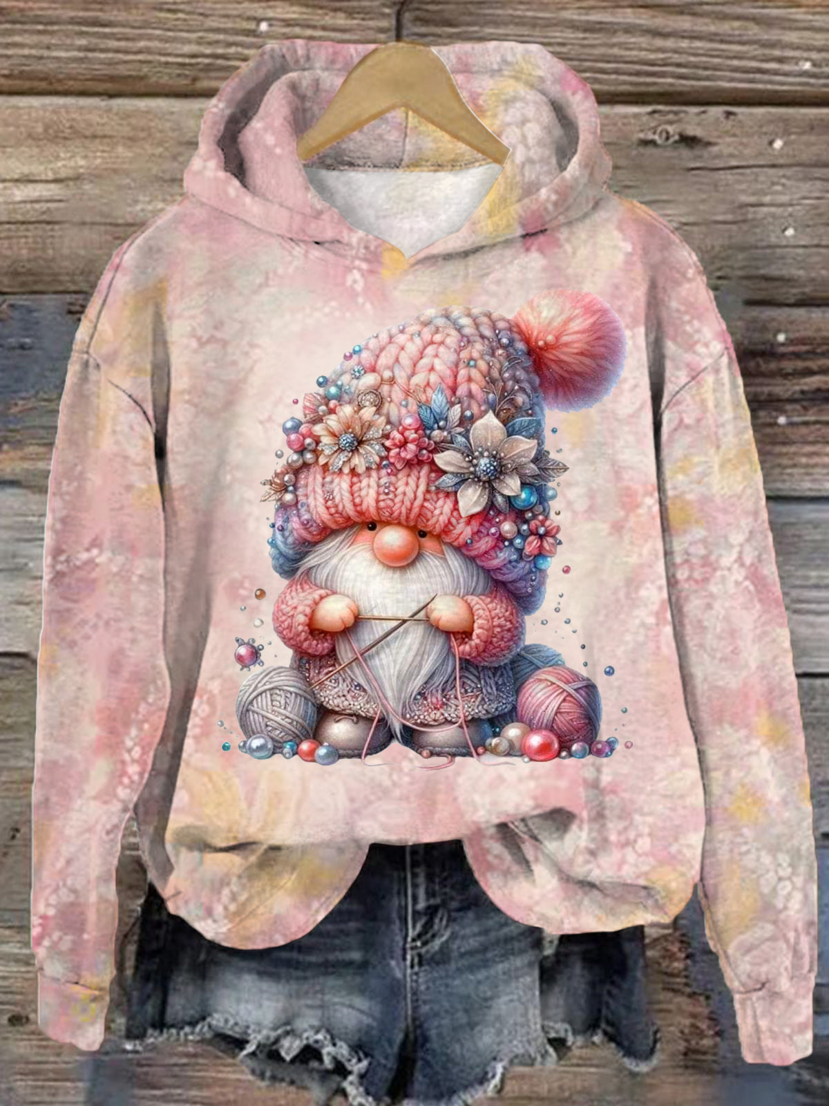 Women's Cute Gnome Winter Print Hooded Casual Long Sleeve Top