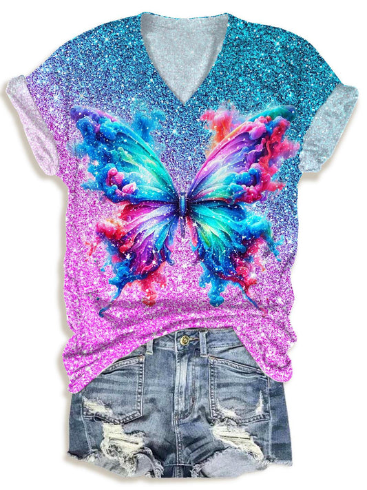 Sequined Colorblock Butterfly Print V-neck T-Shirt