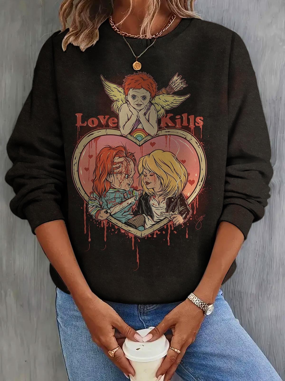 Women's Love Kills Angel Vintage Print Casual Long Sleeve Top