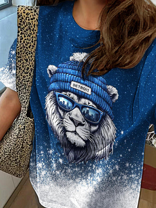 Glitter Vintage Detroit Football Print Crew Neck T-shirt