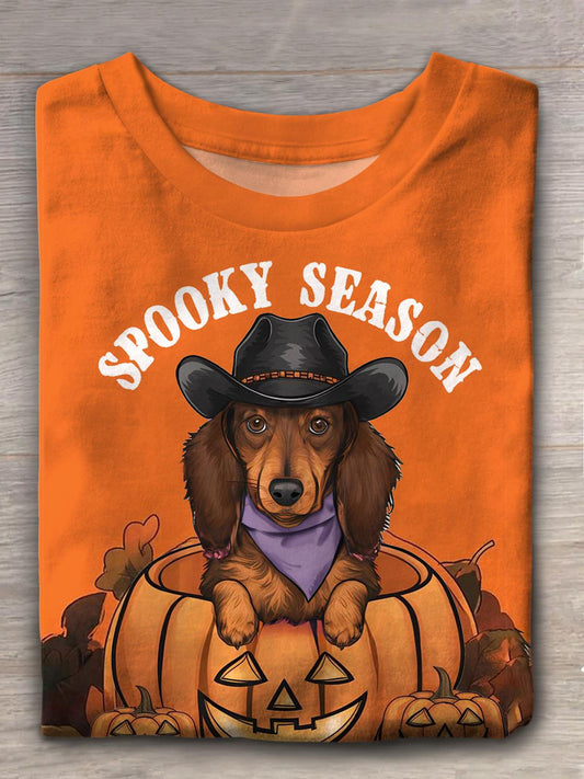 Spooky Season Cowboy Dachshund Dog Pumpkin Halloween T-shirt