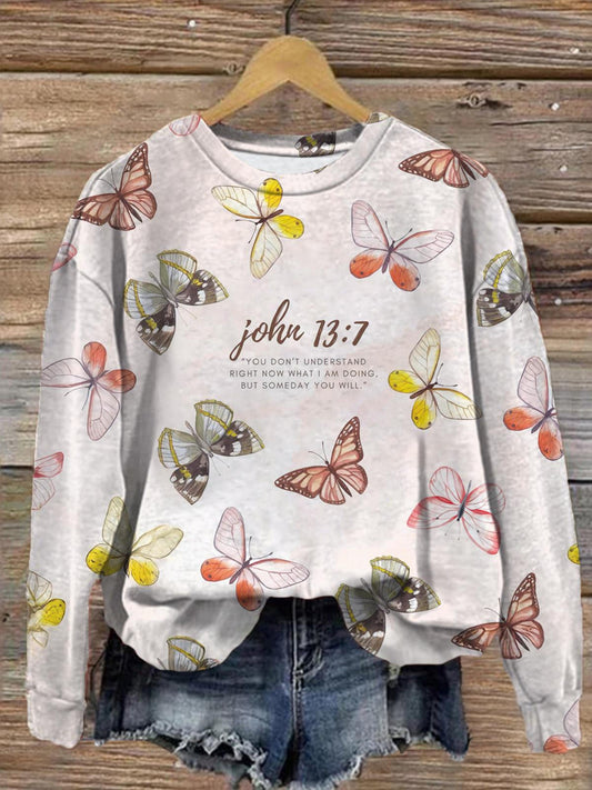 Women's Word Of Faith Butterfly Print Long Sleeve Casual Top